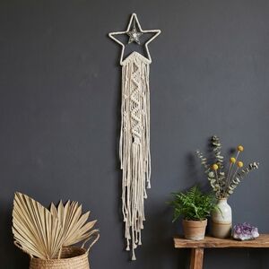 Celestial Macrame Star Wall Hanging 38” Cream Silver Charm Whimsigoth Decor
